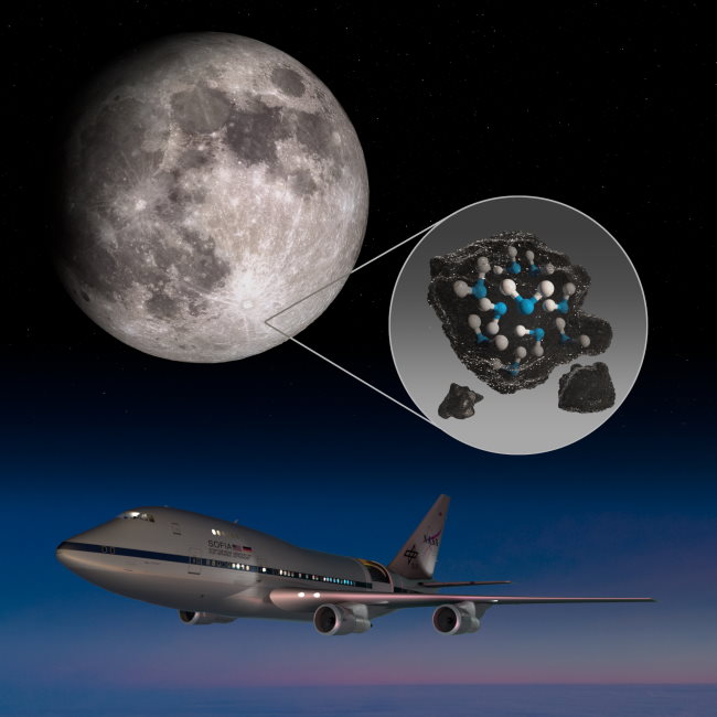 Moon’s Clavius Crater with an illustration depicting water trapped in the lunar soil there, along with an image of NASA’s Stratospheric Observatory for Infrared Astronomy (SOFIA)